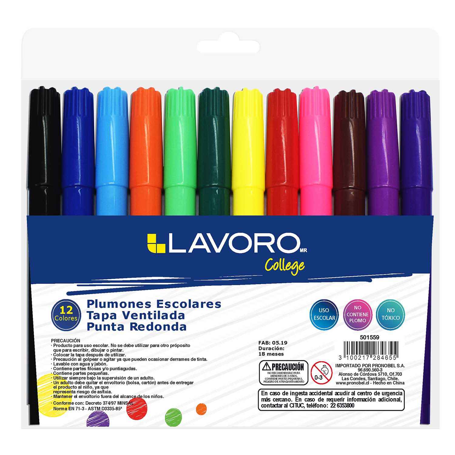 Plumón Escolar Jumbo Punta Redonda 12 Un. Colores Surtidos | Lavoro